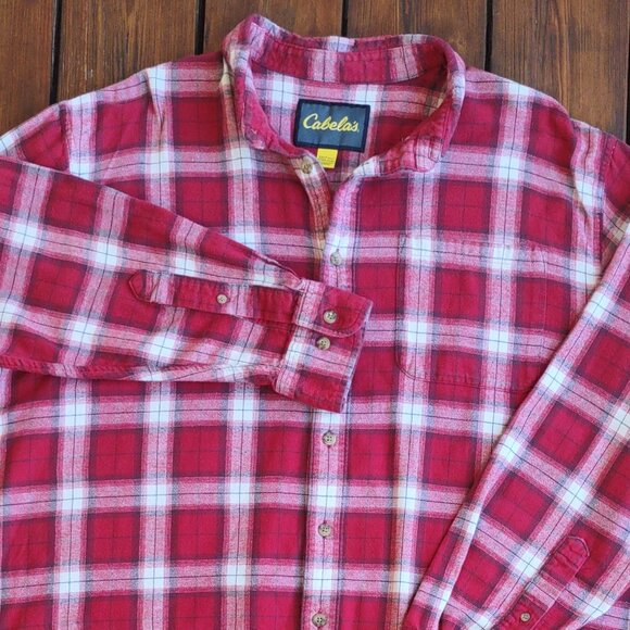 Cabelas Men's 2XL-Tall Red Plaid Flannel Shirt Button Up Long Sleeves - Picture 2 of 10
